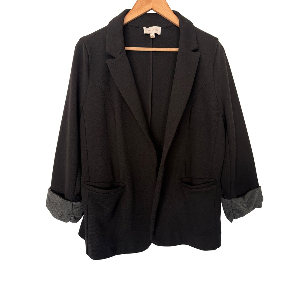 Skies Are Blue Gorpcore Black Open Front Knit Blazer Grey Cuffed Sleeve XL